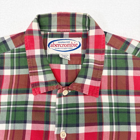 Vintage Abercrombie Shirt Medium Red Green Plaid Short Sleeve Holiday Christmas - Picture 4 of 9